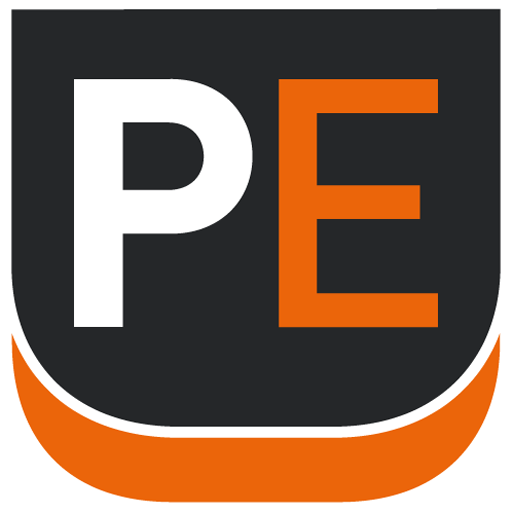 A logo featuring the letters P in white and E in orange on a dark grey shield-like background, with an orange curved accent at the bottom.