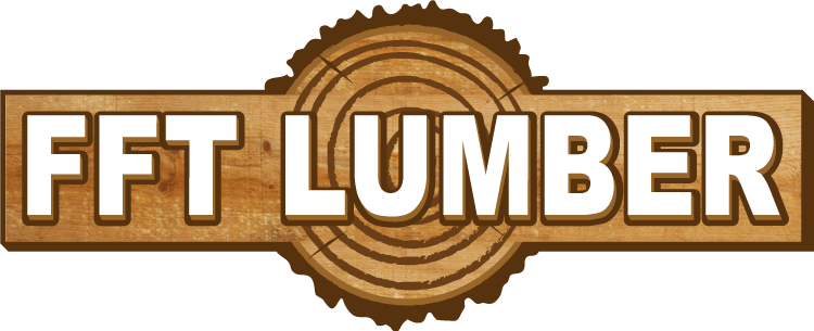 Logo for FFT Timber featuring bold white text outlined in brown on a wooden plank background, with a circular saw blade design in the centre.
