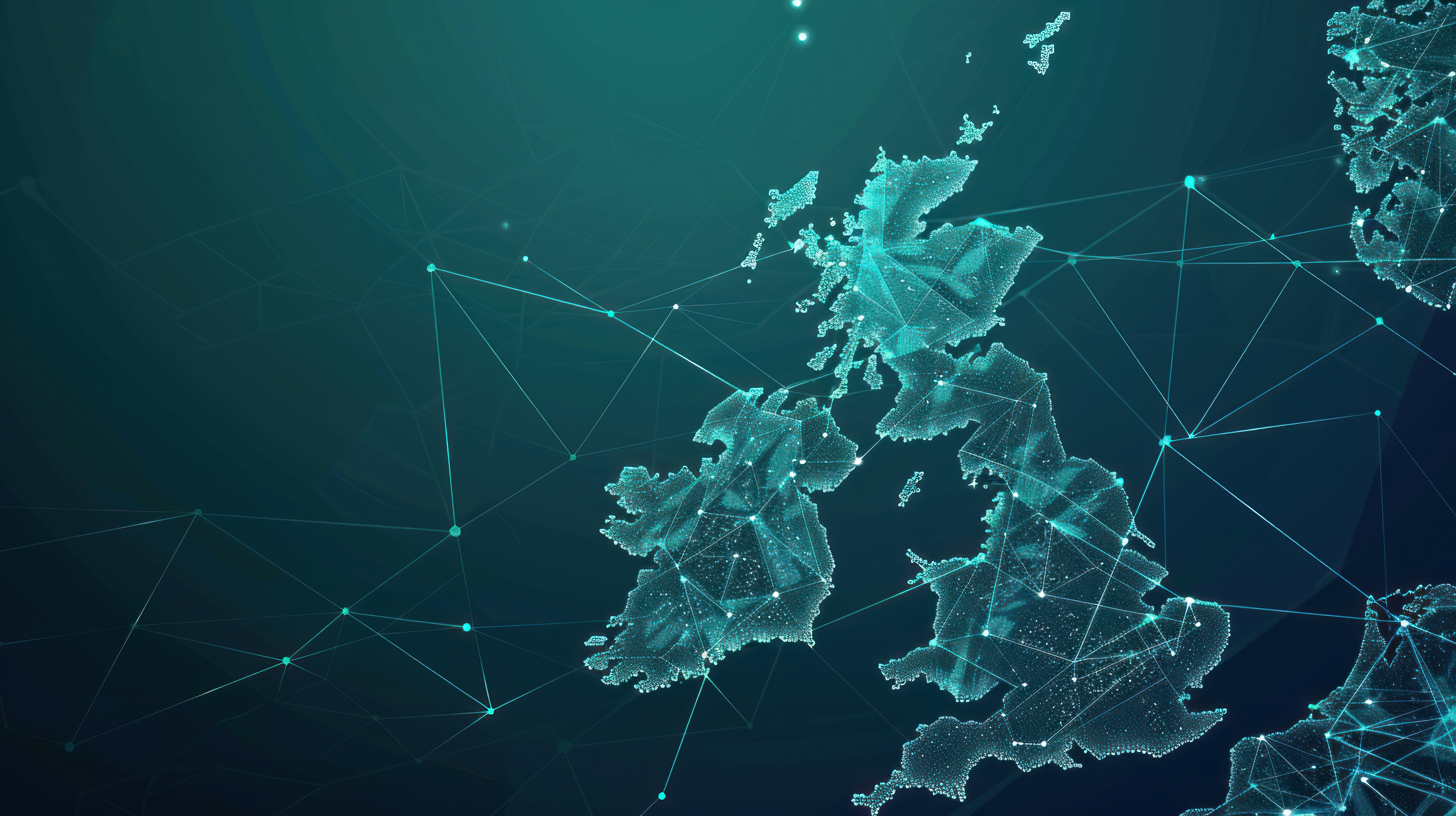 Digital illustration of the British Isles and surrounding regions, rendered with glowing dots and lines to represent a network or connectivity concept on a blue-green gradient background.