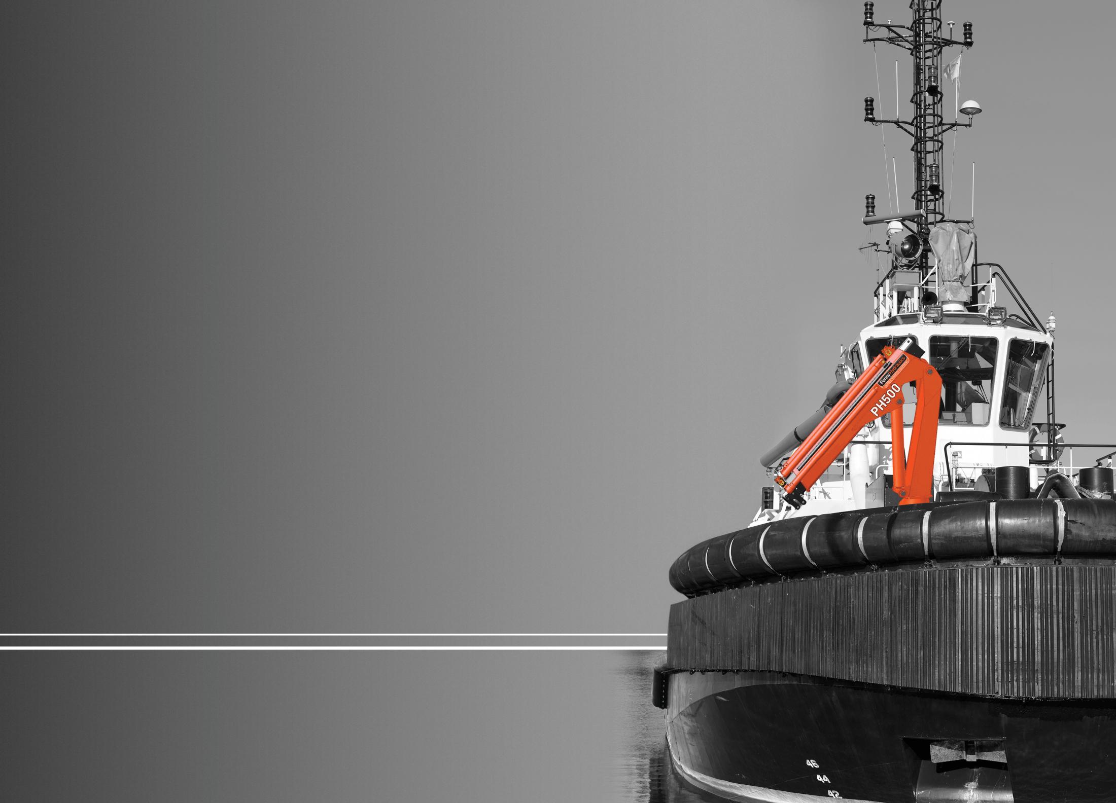 A tugboat with a prominent orange crane is moored on calm water, positioned on the right side of the image. The background is a gradient of grey, with two thin white lines extending horizontally.