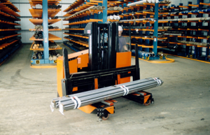 A Sidetracker forklift that can drive in any direction.