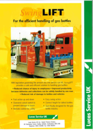 A Lucas marketing leaflet from the 1980s for a SwingLift crane designed for Calor Gas to be used to assist in the local deliveries of gas bottles.