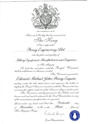 The Royal Warrant of Appointment to His Majesty The King.