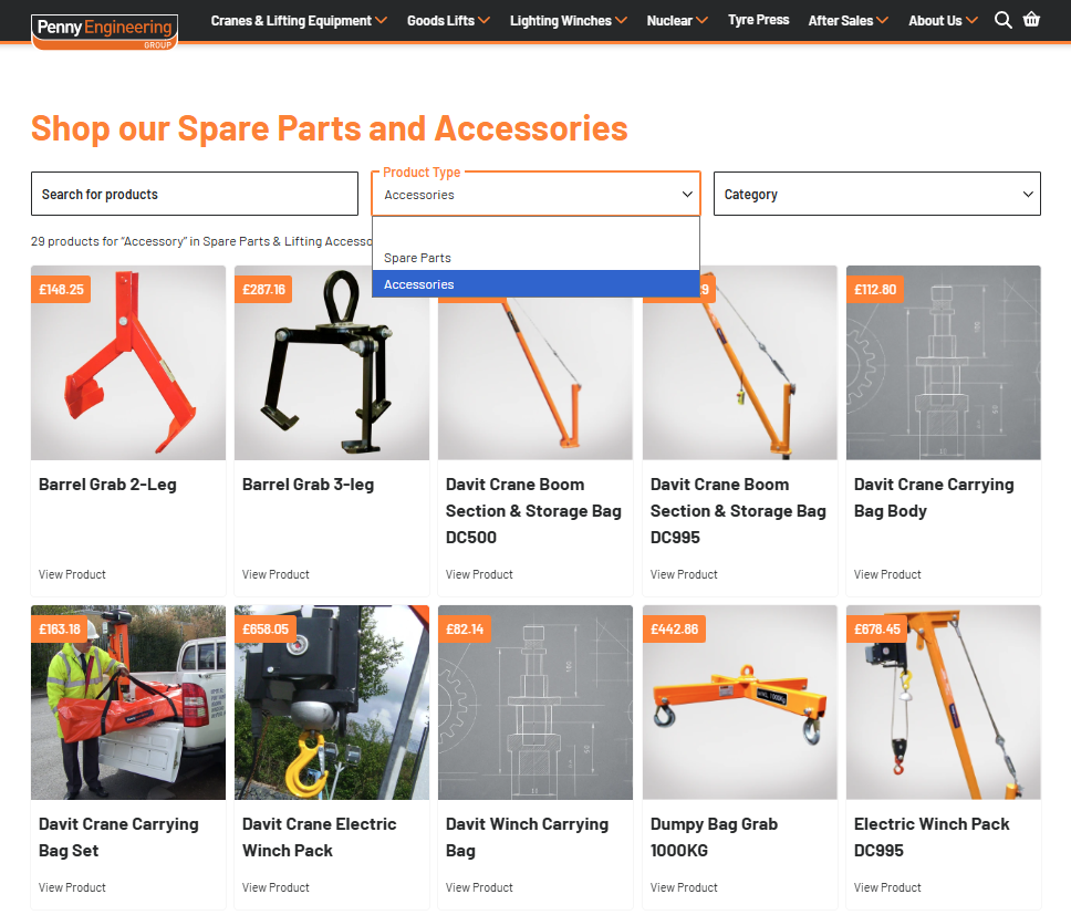 A website page displays spare parts and accessories for lifting equipment, with a drop-down menu selecting Accessories. Product images, names, and prices are arranged in a grid layout below the navigation bar.